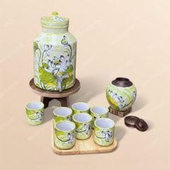 Bộ bình nước gốm sứ dáng trụ Bát Tràng vẽ tay – Quà tặng in logo cao cấp