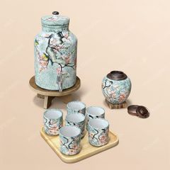 Bộ bình nước gốm sứ dáng trụ Bát Tràng vẽ tay – Quà tặng in logo cao cấp