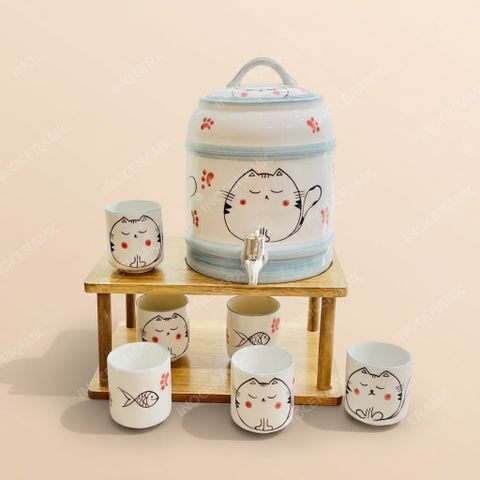Bộ bình sứ đựng nước vòi xả Mèo Bông vẽ tay | Gốm sứ Bát Tràng