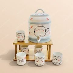Bộ bình sứ đựng nước vòi xả Mèo Bông vẽ tay | Gốm sứ Bát Tràng