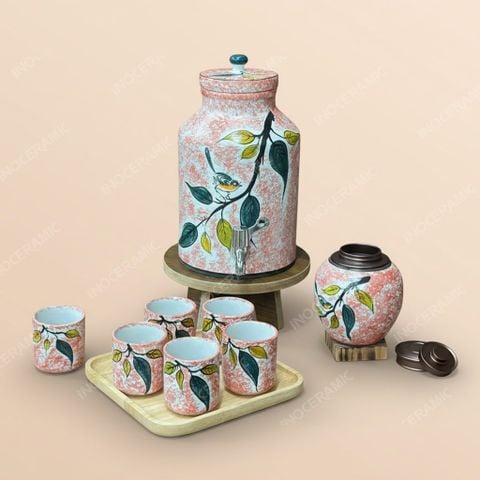 Bộ bình nước gốm sứ dáng trụ Bát Tràng vẽ tay – Quà tặng in logo cao cấp