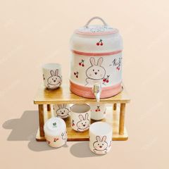 Bộ bình đựng nước bằng sứ vòi xả Thỏ Cherry vẽ tay | Gốm sứ Bát Tràng