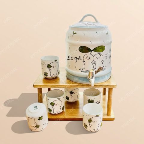 Bộ bình sứ đựng nước vòi xả inox Chồi Non vẽ tay | Gốm sứ Bát Tràng