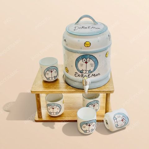 Bộ bình sứ đựng nước Doraemon có vòi xả vẽ tay gốm sứ Bát Tràng cao cấp