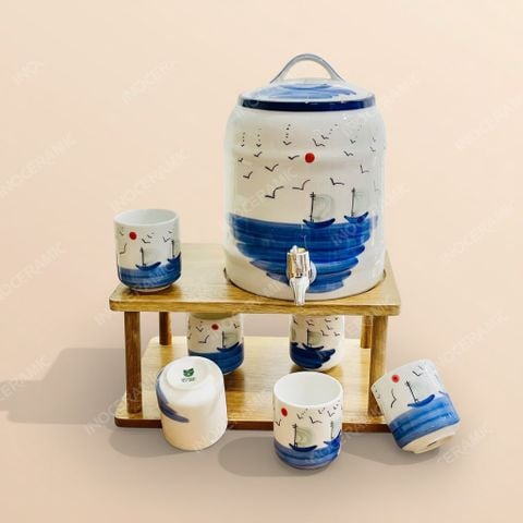 Bộ bình sứ vòi xả Chiếc Thuyền Ngoài Xa vẽ tay | Gốm sứ Bát Tràng
