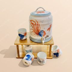 Bộ bình sứ đựng nước có vòi xả Ngư Thuỷ vẽ tay gốm sứ Bát Tràng cao cấp