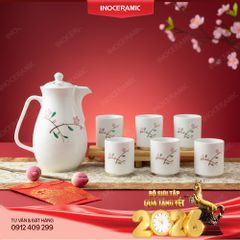 Bộ bình nước gốm sứ Bát Tràng hoa Đào Hồng vẽ tay in logo quà tặng Tết