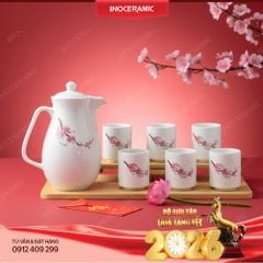 Bộ bình nước Gốm Sứ Bát Tràng hoa Đào Hồng in logo cao cấp