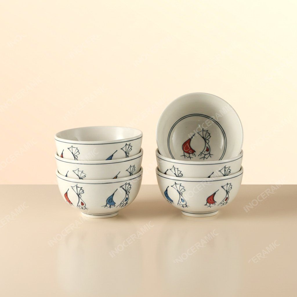 Bộ 06 chén (bát) cơm - Hoa văn Đôi chim vẽ tay - Bát đĩa Bát Tràng in logo quà tặng