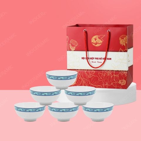 Quà tặng phụ nữ - Bộ 06 chén cơm viền hạc xanh in logo