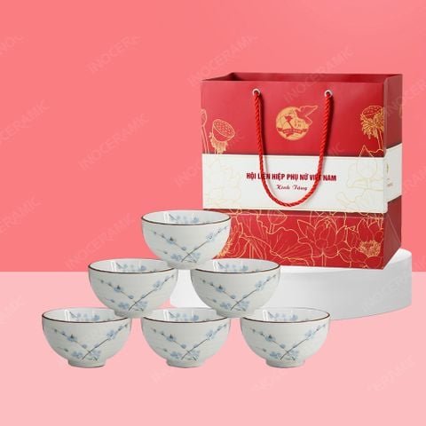 Quà tặng phụ nữ - Bộ 06 chén cơm men kem đào xanh in logo