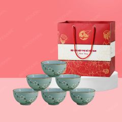Quà tặng phụ nữ - Bộ 06 chén cơm men lam đào trắng in logo