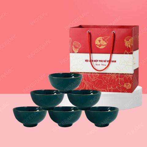 Quà tặng phụ nữ - Bộ 06 chén cơm men lam chỉ vàng in logo