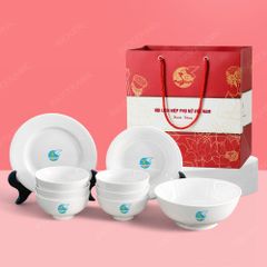 Quà tặng phụ nữ - Bộ bát đĩa 9 món men sứ trắng in logo