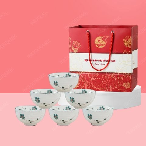 Quà tặng phụ nữ - Bộ 06 chén cơm men kem mai xanh in logo