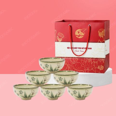 Quà tặng phụ nữ - Bộ 06 chén cơm men tro đào chuồn in logo