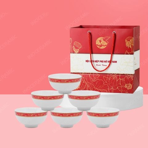 Quà tặng phụ nữ - Bộ 06 chén cơm viền hạc đỏ in logo