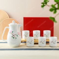 Bộ bình nước Hoa Đào vẽ tay – Quà tặng gốm sứ Bát Tràng in logo cao cấp