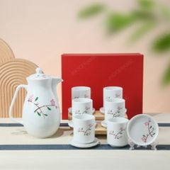 Bộ bình nước Hoa Đào vẽ tay – Quà tặng gốm sứ Bát Tràng in logo cao cấp