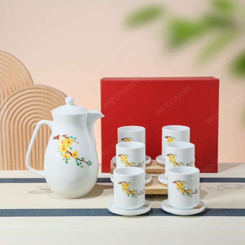 Bộ bình nước Hoa Mai– Quà tặng gốm sứ Bát Tràng in logo cao cấp