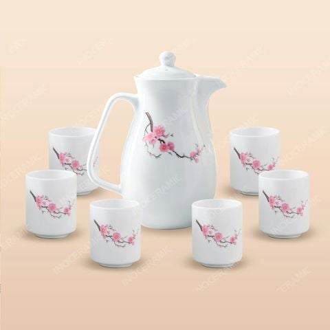 Bộ bình sứ đựng nước Hoa Đào gốm sứ Bát Tràng in logo cao cấp