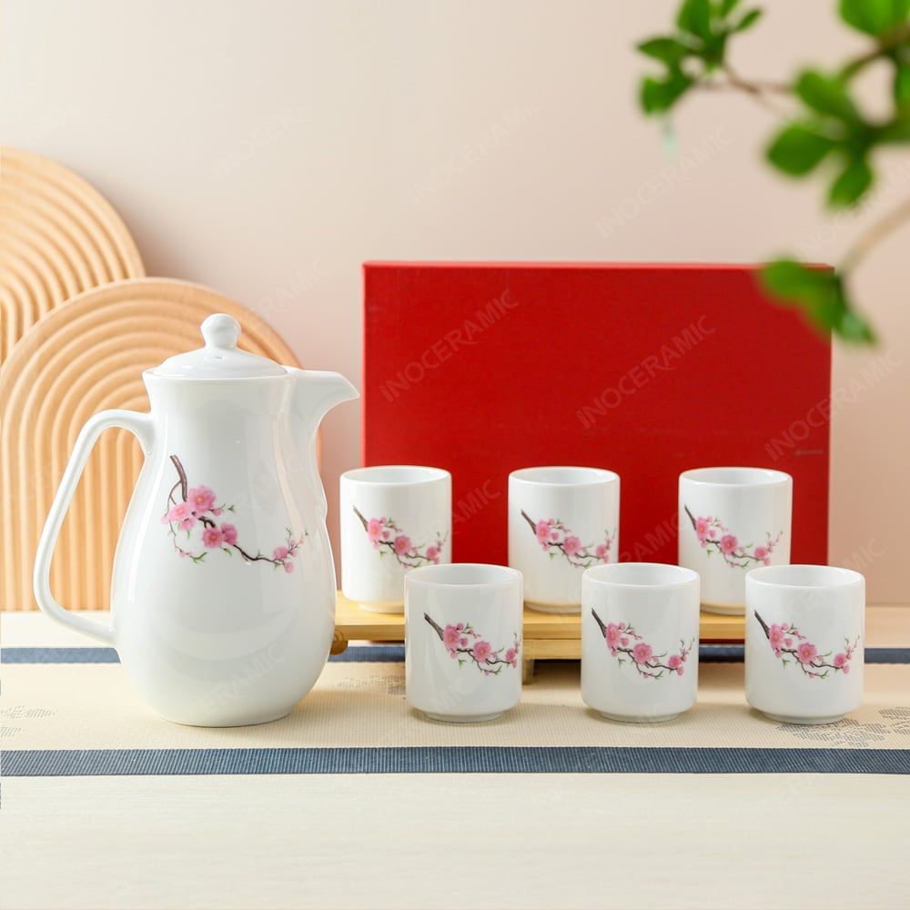 Bộ bình sứ đựng nước Hoa Đào gốm sứ Bát Tràng in logo cao cấp