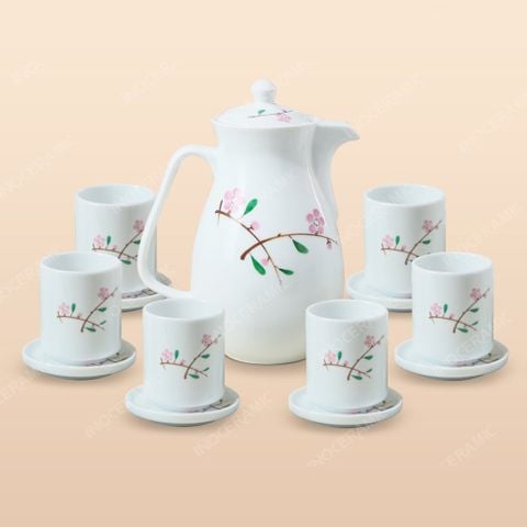 Bộ bình nước Hoa Đào vẽ tay – Quà tặng gốm sứ Bát Tràng in logo cao cấp