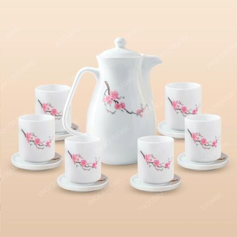 Bộ bình sứ đựng nước Hoa Đào gốm sứ Bát Tràng in logo cao cấp