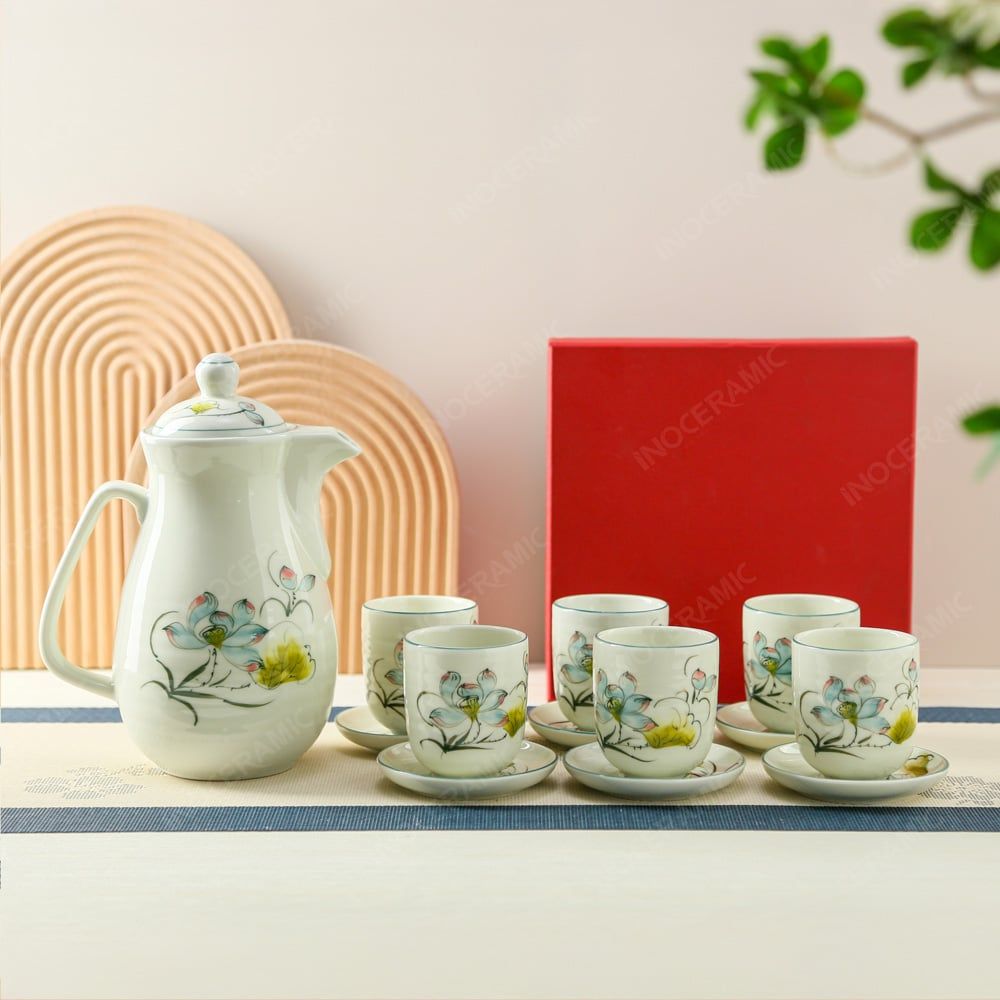 Bộ bình sứ đựng nước Hoa Sen Bát Tràng – Quà tặng in logo cao cấp