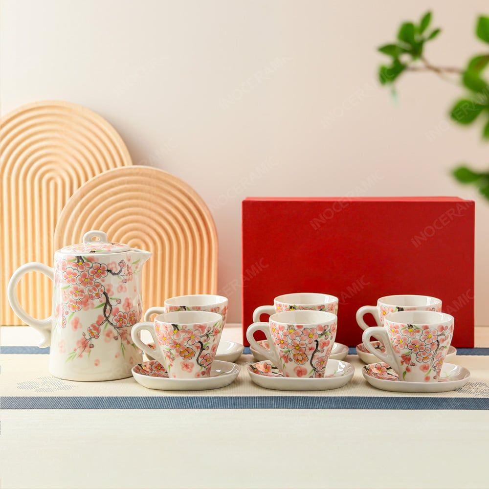 Bộ bình nước Indochine Đào Hồng gốm sứ Bát Tràng in logo