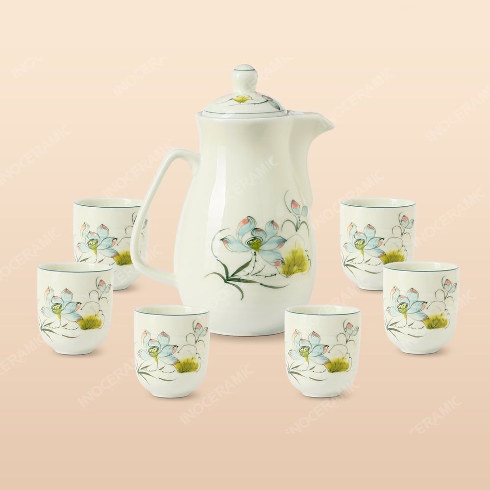 Bộ bình sứ đựng nước Hoa Sen Bát Tràng – Quà tặng in logo cao cấp