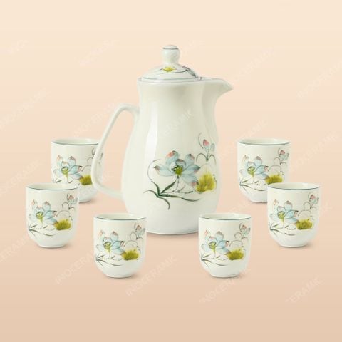 Bộ bình sứ đựng nước Hoa Sen Bát Tràng – Quà tặng in logo cao cấp