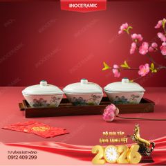Bộ khay mứt tim Hoa Sen men sứ ngà - Quà Tết in logo sắc nét