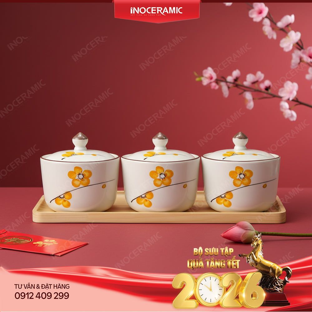 Bộ khay mứt Hoa Mai Bát Tràng – Quà Tết doanh nghiệp sang trọng