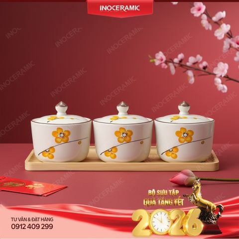Bộ khay mứt Hoa Mai Bát Tràng – Quà Tết doanh nghiệp sang trọng