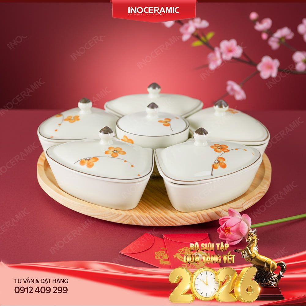 Bộ khay mứt Hoa Mai Bát Tràng – Quà Tết doanh nghiệp sang trọng