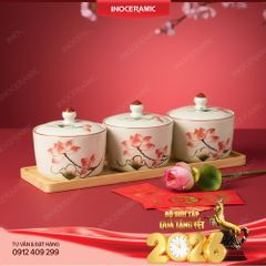 Bộ khay hũ mứt Hoa Sen Bát Tràng – Quà Tết cao cấp mang vẻ đẹp thuần Việt