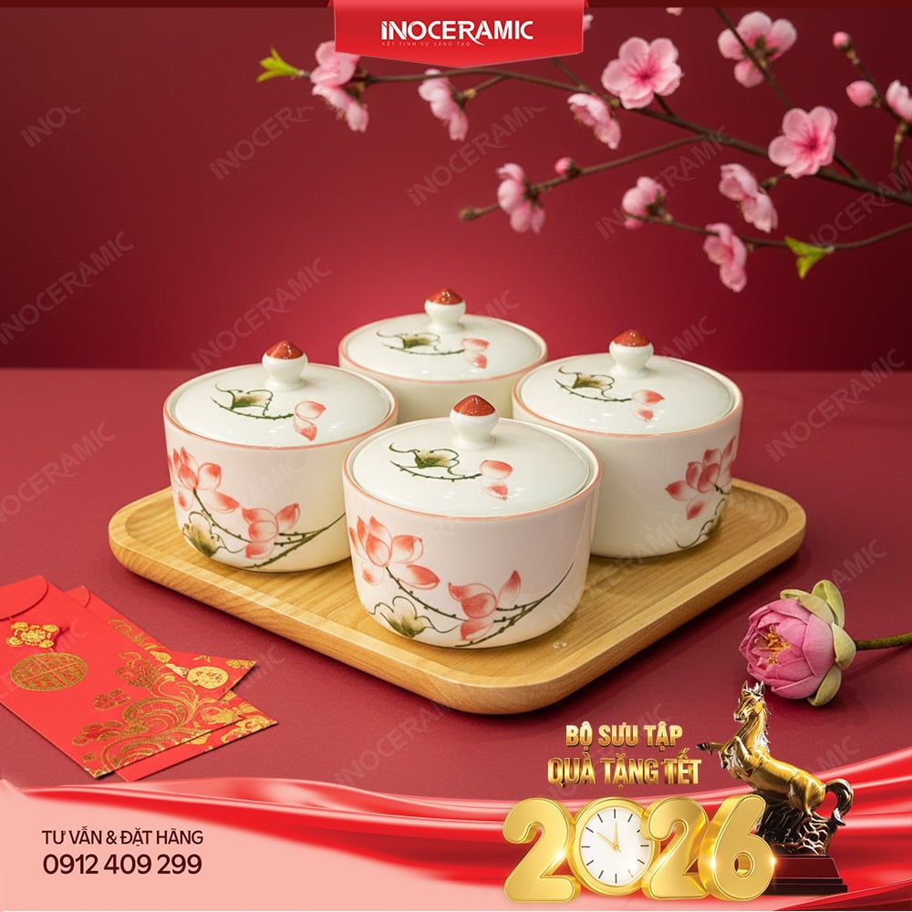 Bộ khay hũ mứt Hoa Sen Bát Tràng – Quà Tết cao cấp mang vẻ đẹp thuần Việt