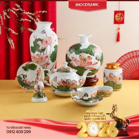 Bộ sưu tập Liên Hoa Tịnh Ngọc - Quà Tết gốm sứ Bát Tràng in logo sắc nét