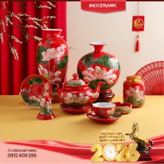 Bộ quà Tết gốm sứ Bát Tràng Hồng Liên Cát Tường - Quà tặng cao cấp 2026