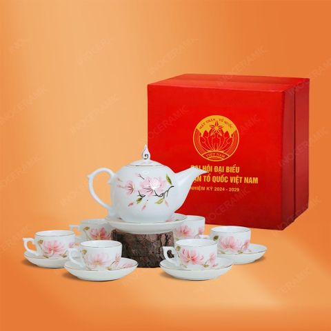 Quà tặng Đại hội đại biểu - Bộ ấm trà Ngọn lửa hoa đào chỉ vàng in logo