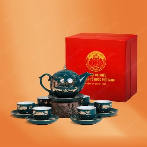 Quà tặng Đại hội đại biểu - Bộ ấm trà Ngọn lửa men lam Hào gia phú quý kẻ vàng