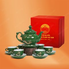 Quà tặng Đại hội đại biểu - Bộ ấm trà Đài Các miệng lượn men lục sen chuồn vẽ vàng