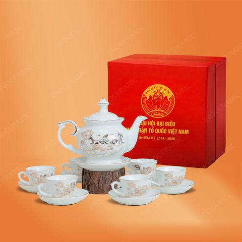 Quà tặng Đại hội đại biểu - Bộ ấm trà Đài Các miệng lượn sen vàng vẽ vàng