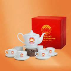 Quà tặng Đại hội đại biểu - Bộ ấm trà vai vuông kẻ chỉ vàng in logo