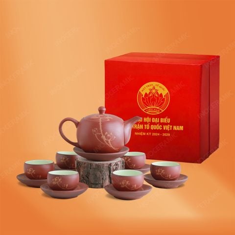 Quà tặng Đại hội đại biểu - Bộ ấm trà Minh Nguyệt hồng sa đỏ vẽ sen vàng