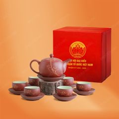 Quà tặng Đại hội đại biểu - Bộ ấm trà Minh Nguyệt hồng sa đỏ vẽ sen vàng