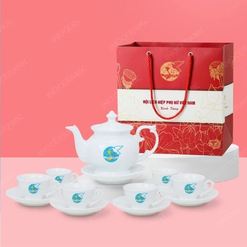 Quà tặng phụ nữ - Bộ ấm trà Đài các trắng in logo