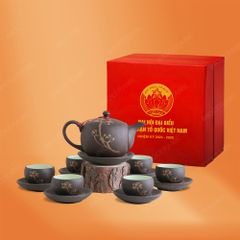 Quà tặng Đại hội đại biểu - Bộ ấm trà Minh Nguyệt hồng sa nâu vẽ sen vàng