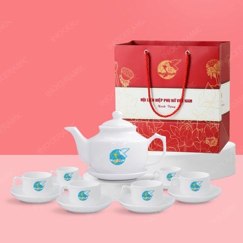 Quà tặng phụ nữ - Bộ ấm trà vuông thấp trắng in logo